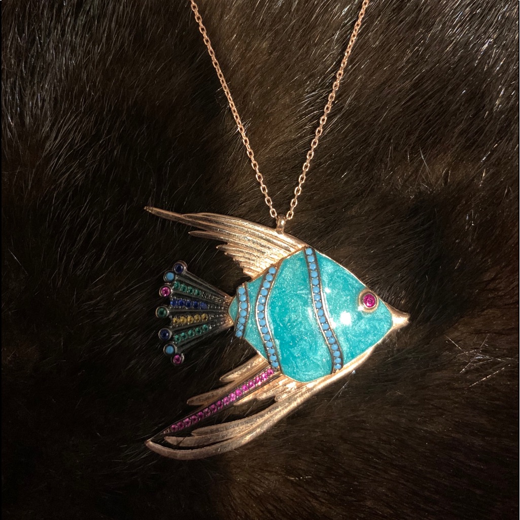 Enamel And Stone Fish Necklace Gold Over Sterling